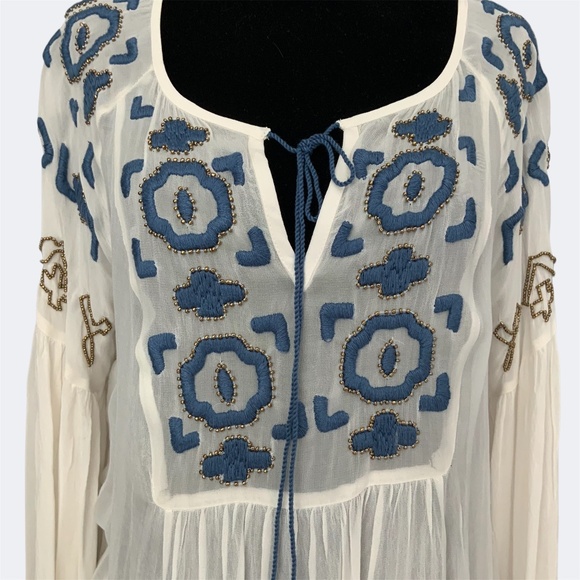 Anthropologie Diem Ivory Chiffon Embroidered Beaded Boho Flounce Peasant Top 6 - Picture 6 of 15